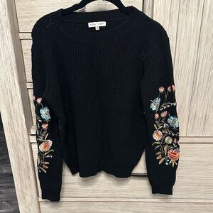 Woven Heart Black Sweater with Floral Embroidery